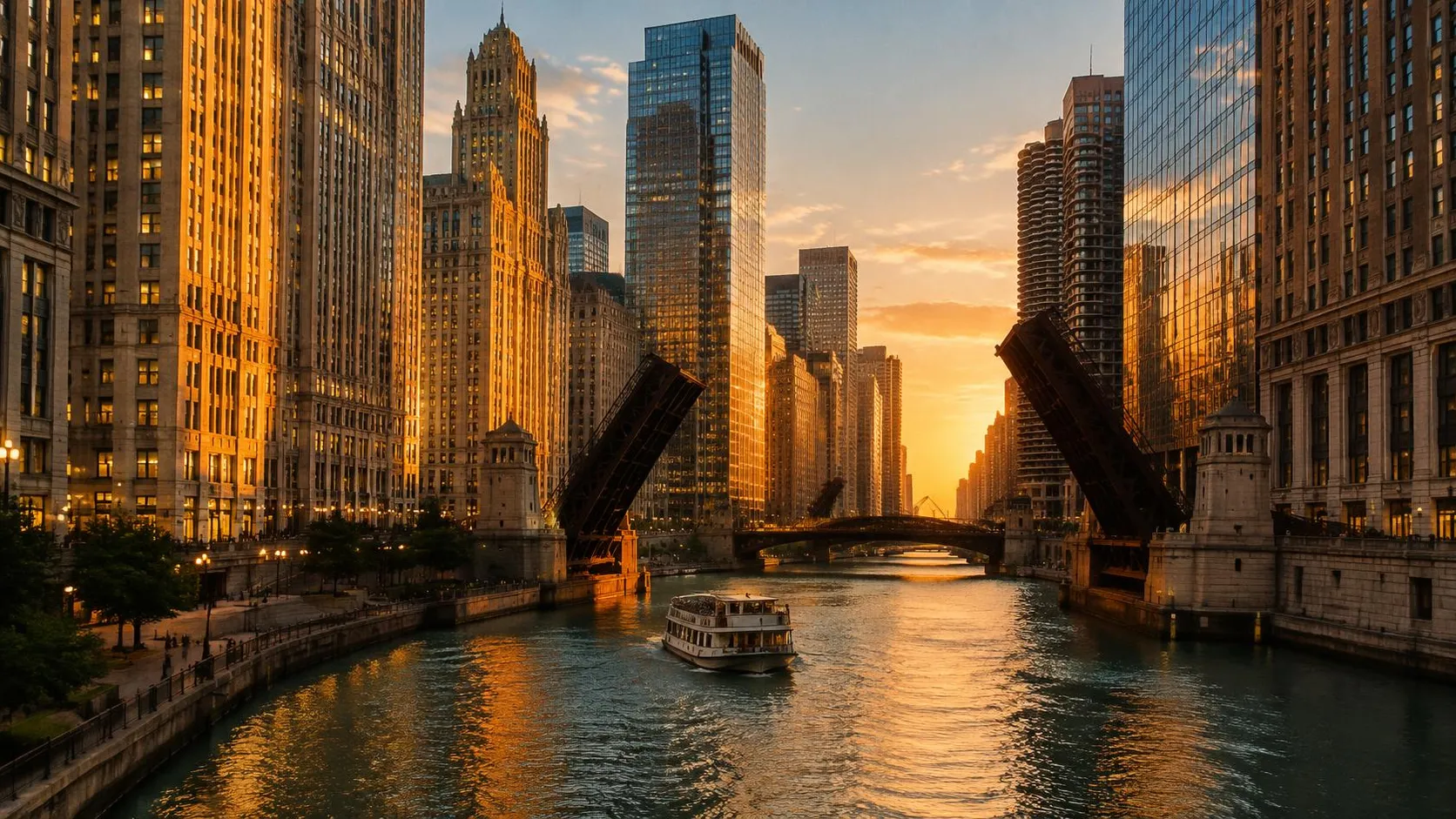 Illustration éditoriale de Chicago à l'heure dorée