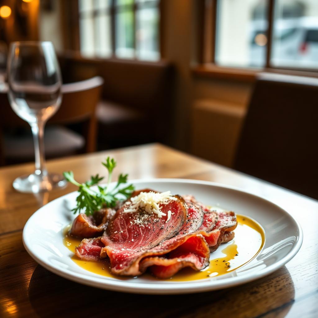 Carpaccio de bœuf, huile d'olive au basilic
