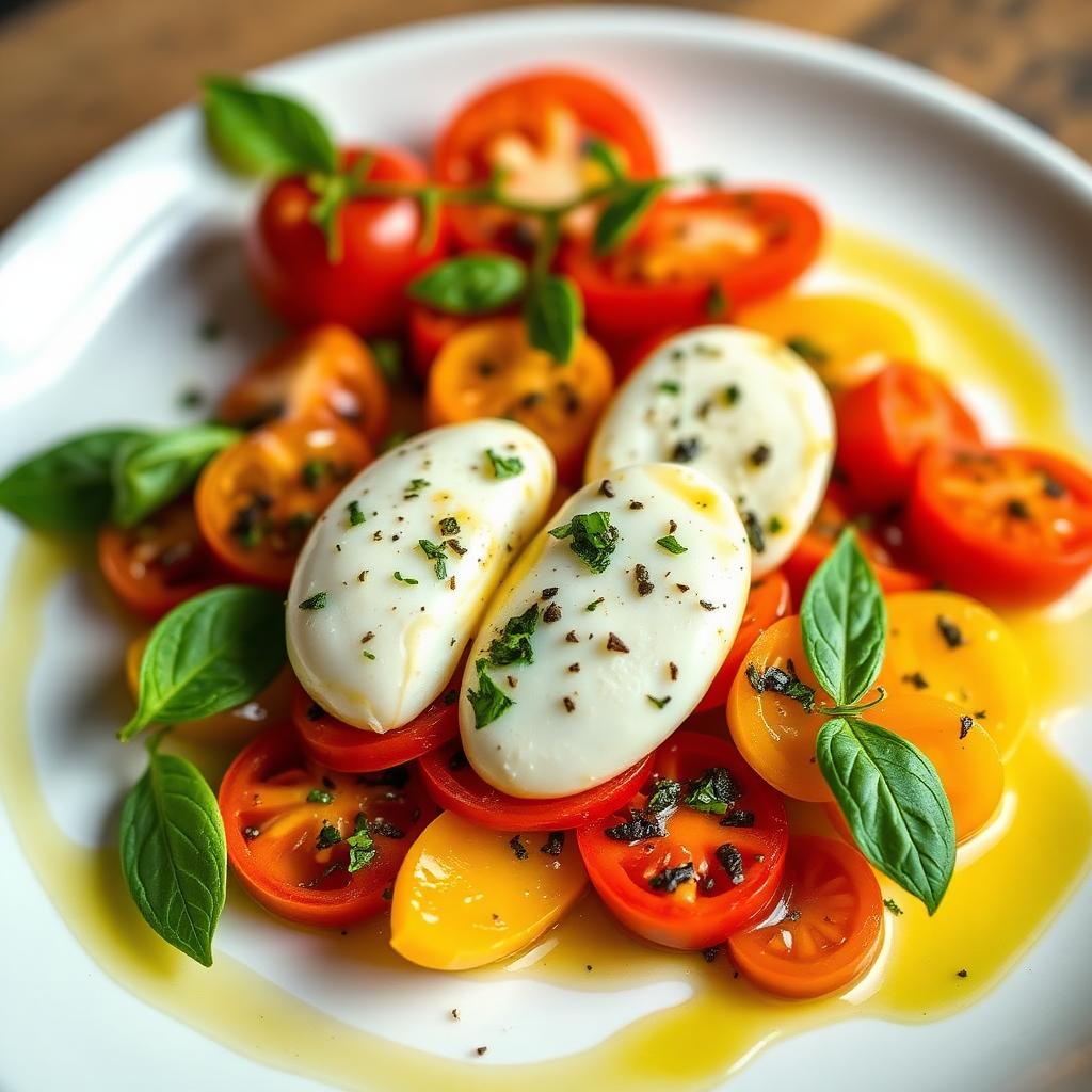Tomates anciennes, mozzarella et sauce vierge