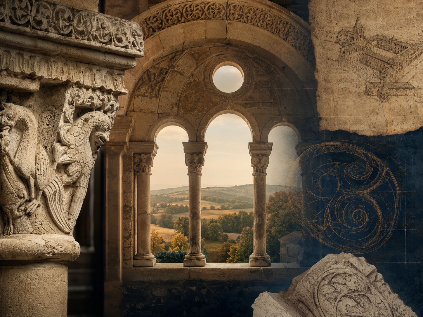 Illustration originale : détails romans clunisiens, chapiteaux sculptés et arcatures ouvrant sur un paysage nivernais.