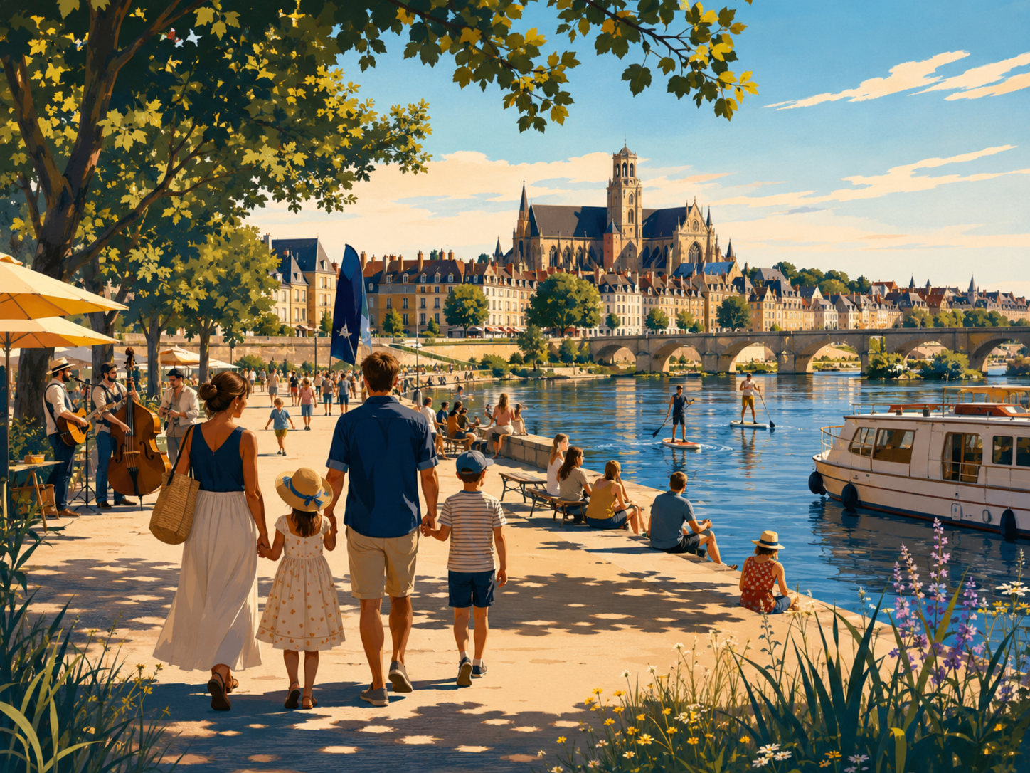 Illustration originale : famille flânant sur les quais de Loire à Nevers en été, cathédrale et pont en arrière-plan.