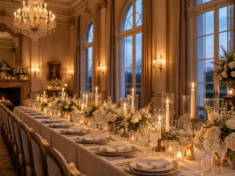 Longue table dressée aux chandelles dans un salon