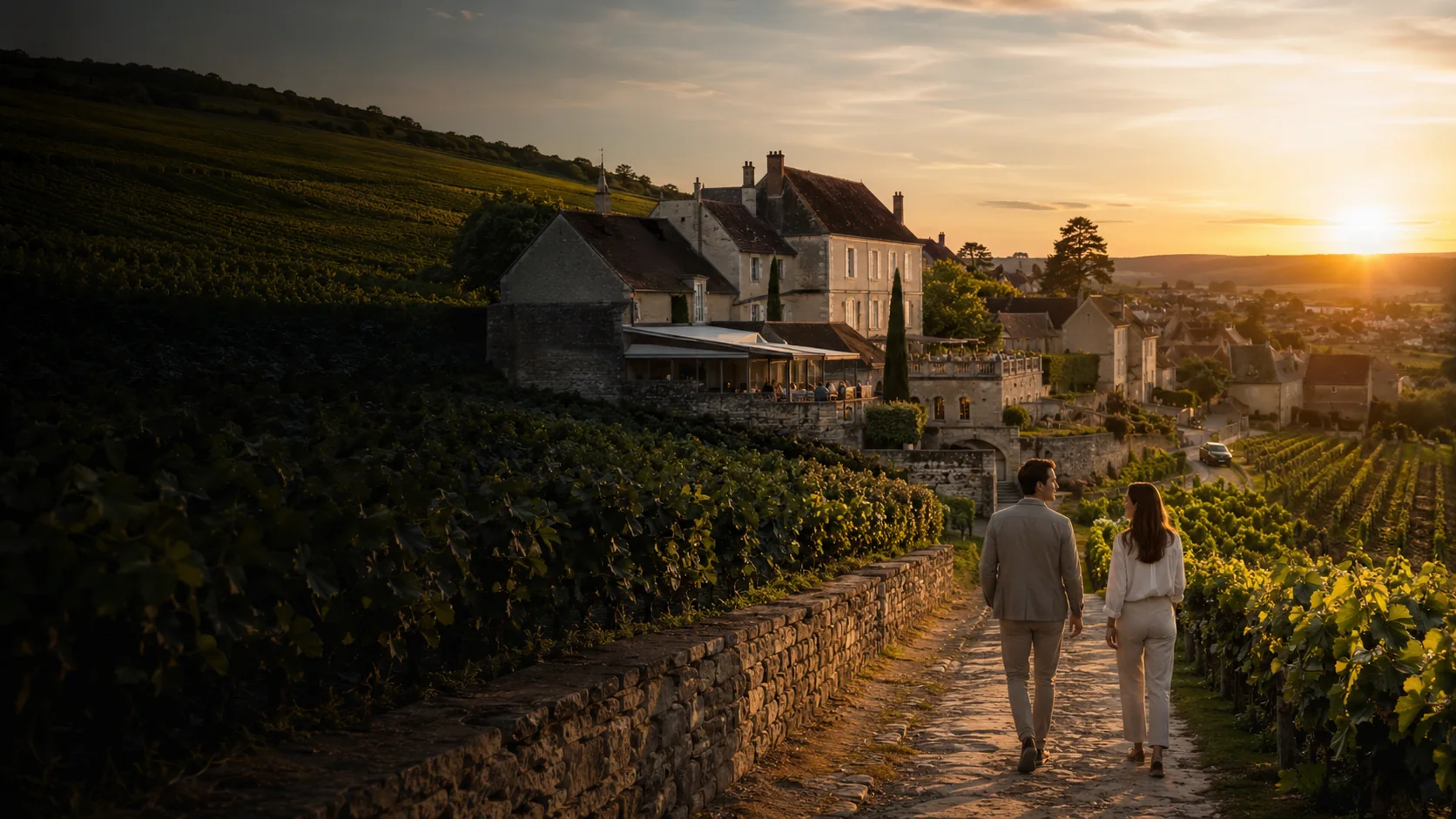 Vignoble bourguignon et village de pierre dans la brume, lumière chaude.