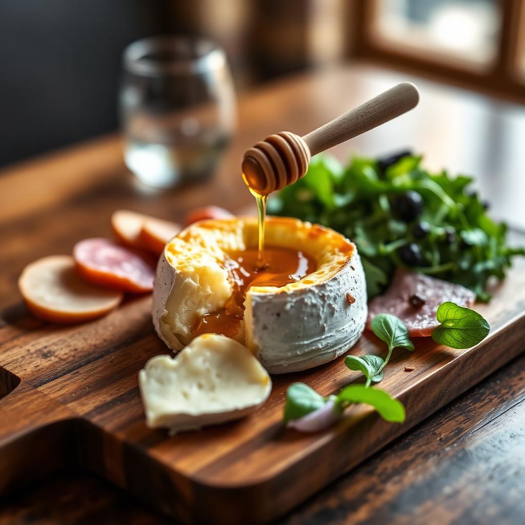 Petit Camembert rôti au miel, charcuterie et salade