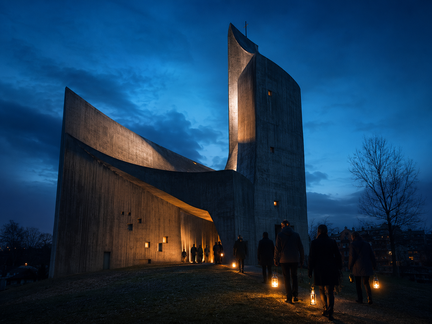 Illustration originale : église en béton du XXᵉ siècle éclairée à la nuit tombée, visiteurs guidés à la lanterne.