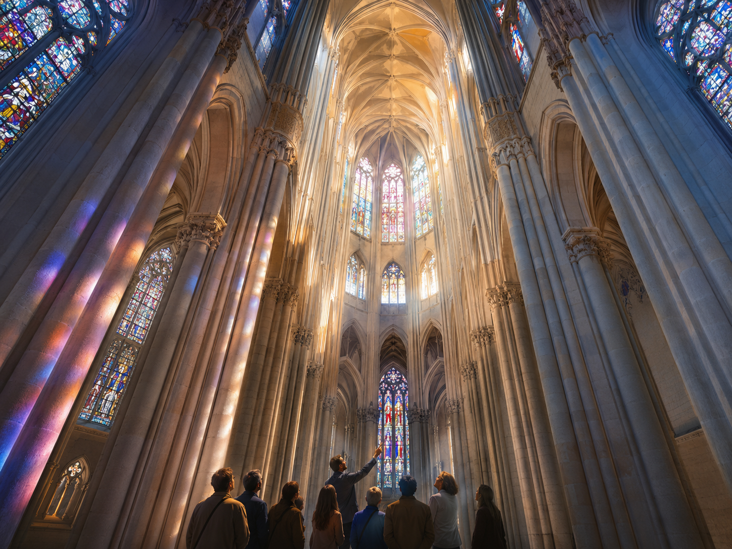 Illustration originale : intérieur gothique d'une cathédrale, vitraux colorés et visiteurs regardant vers les voûtes.