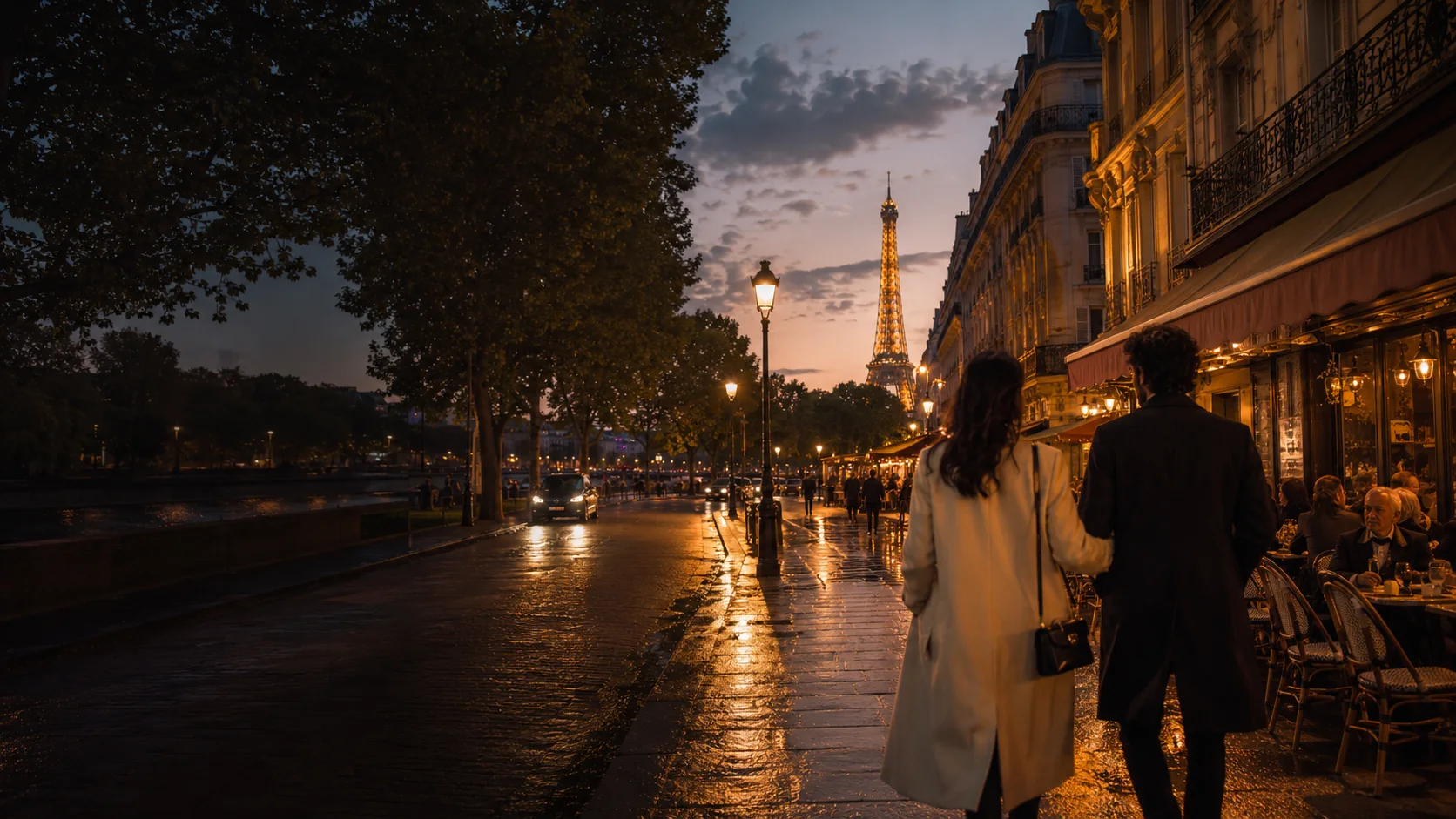 Rue parisienne haussmannienne à l'heure bleue, fenêtres éclairées.