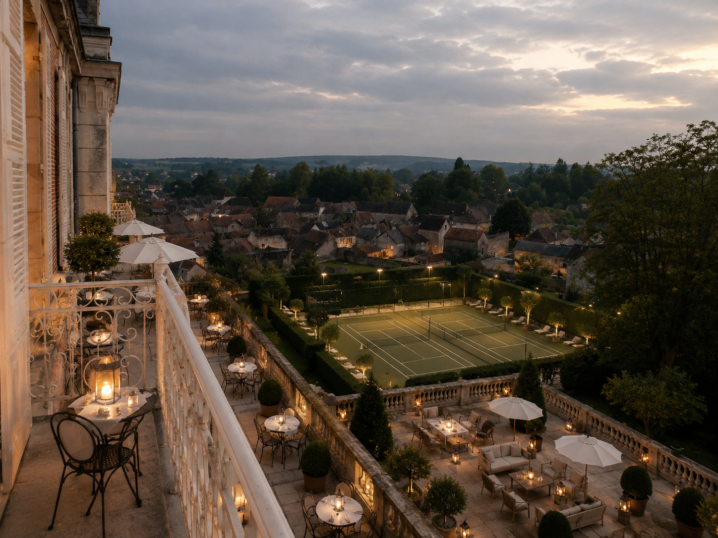 Terraces overlooking the grounds and tennis court