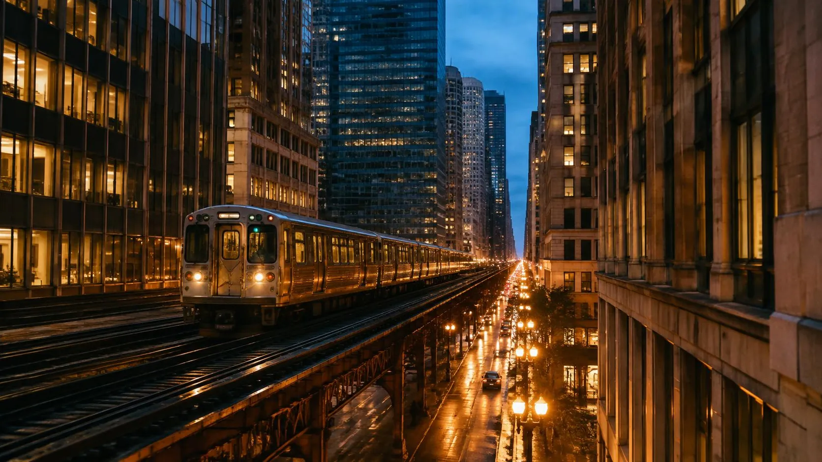 Illustration éditoriale de Chicago le soir