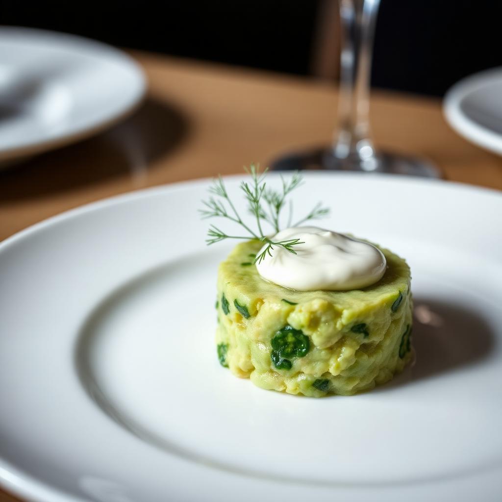 Avocat de concombre, quenelle de crème fraîche