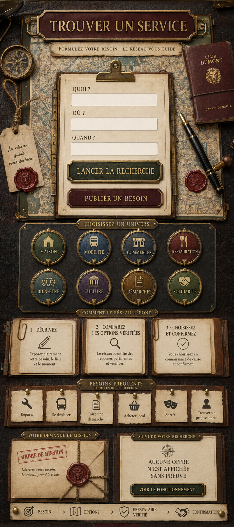 Bureau d'explorateur — carnet de recherche, univers, besoins fréquents.