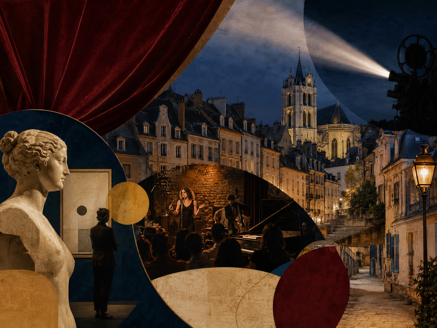 Illustration originale : collage culturel nocturne — sculpture, concert de jazz et façades de la vieille ville de Nevers.