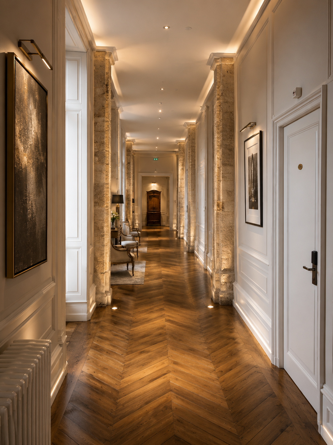 Refined interior corridor with stone columns and parquet flooring