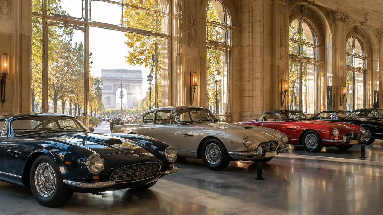 Voitures de collection dans une galerie face à l'Arc de Triomphe