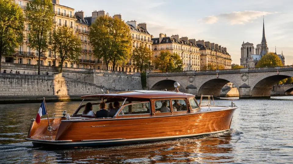 Bateau en bois sur la Seine, près des ponts de Paris