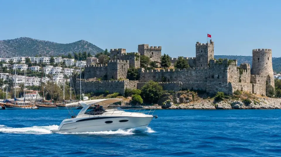 Bateau à moteur devant le château de Bodrum