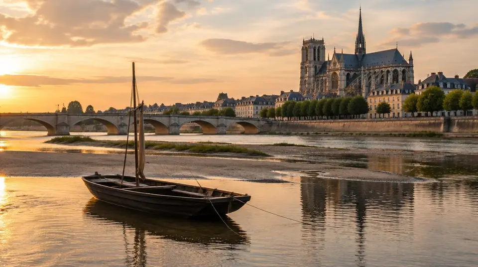 Barque en bois sur la Loire, cathédrale sur la rive au couchant