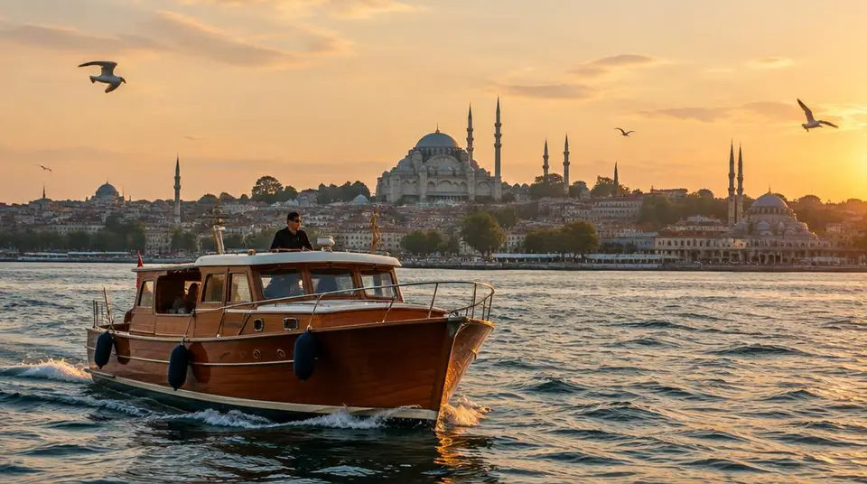 Bateau en bois sur le Bosphore, mosquées en fond