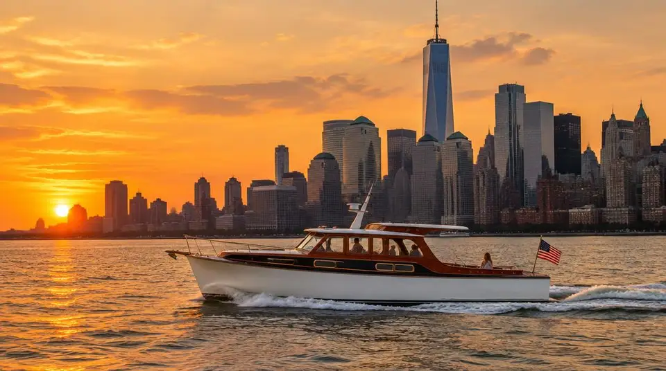 Bateau sur l'Hudson au coucher du soleil, Manhattan en fond