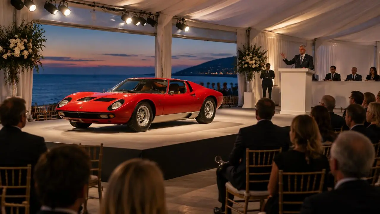Lamborghini Miura rouge sous le chapiteau d'une vente en bord de mer