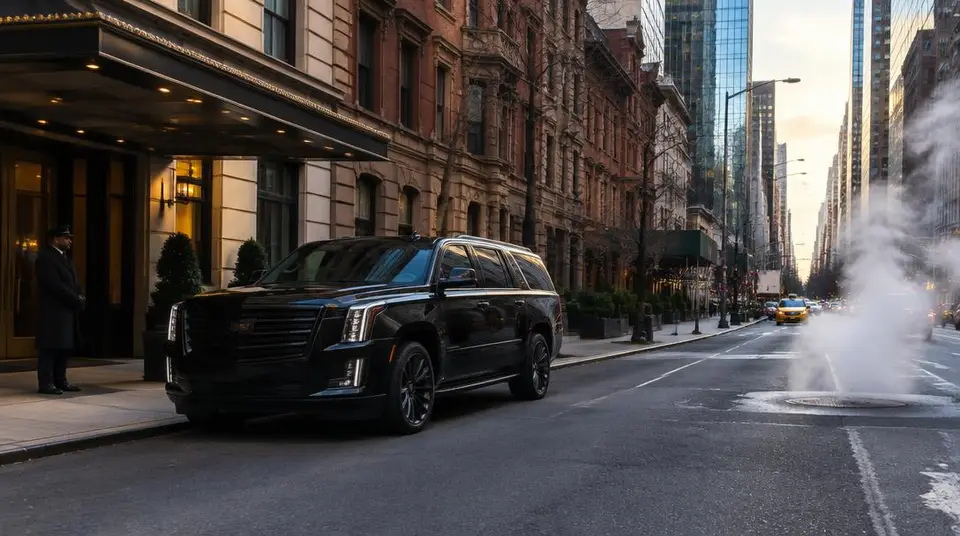 SUV noir avec chauffeur dans une avenue de Manhattan