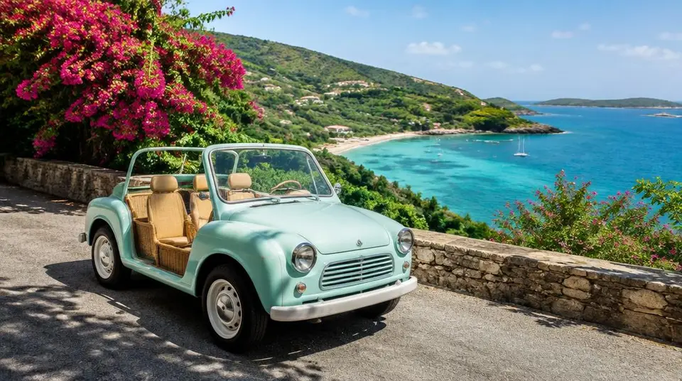 Petite voiture décapotable sur une route côtière de Saint-Barth