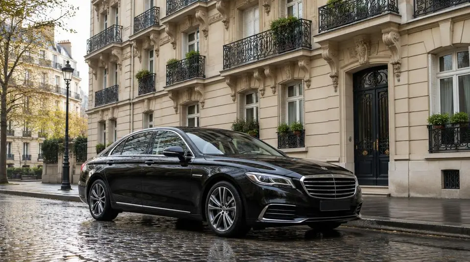 Berline de luxe noire devant un immeuble haussmannien, à Paris