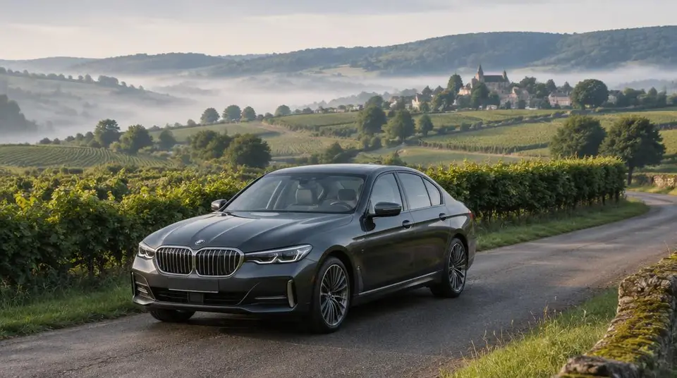 Berline de luxe sur une route de campagne nivernaise, vignes et bocage