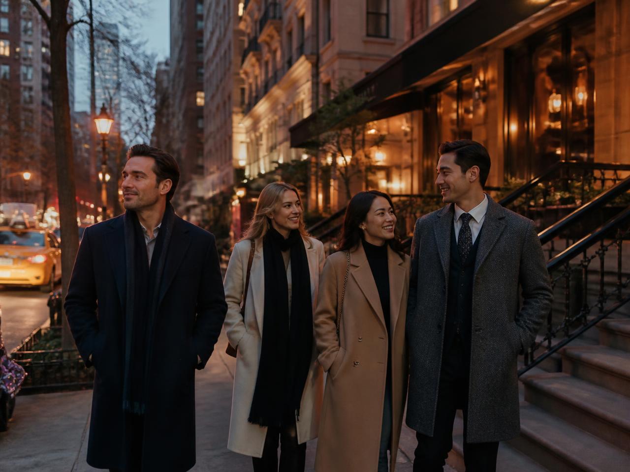 Rue de Manhattan à la tombée du jour, passants souriants devant des perrons et vitrines chaleureuses