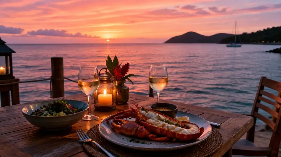 Table au bord de l'eau au coucher du soleil, Saint-Barth