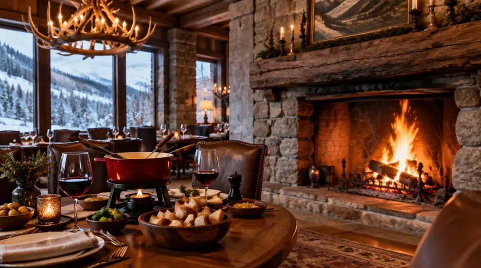 Table près d'une cheminée dans un chalet de montagne