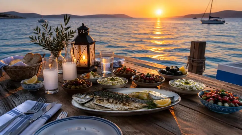 Table au bord de l'eau à Bodrum, poisson et mezzés