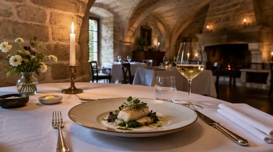 Table dressée dans une salle voûtée en pierre, vin de Loire