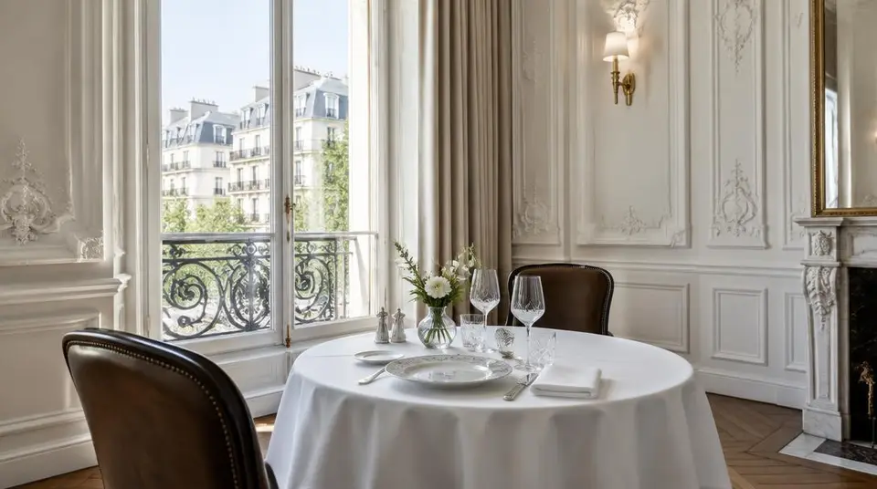 Table dressée dans une salle parisienne à moulures