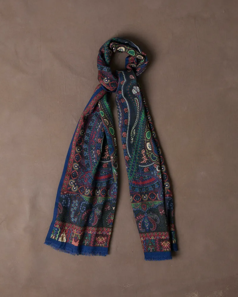 Écharpe Drake's laine et soie à motif cachemire bleu marine et vert