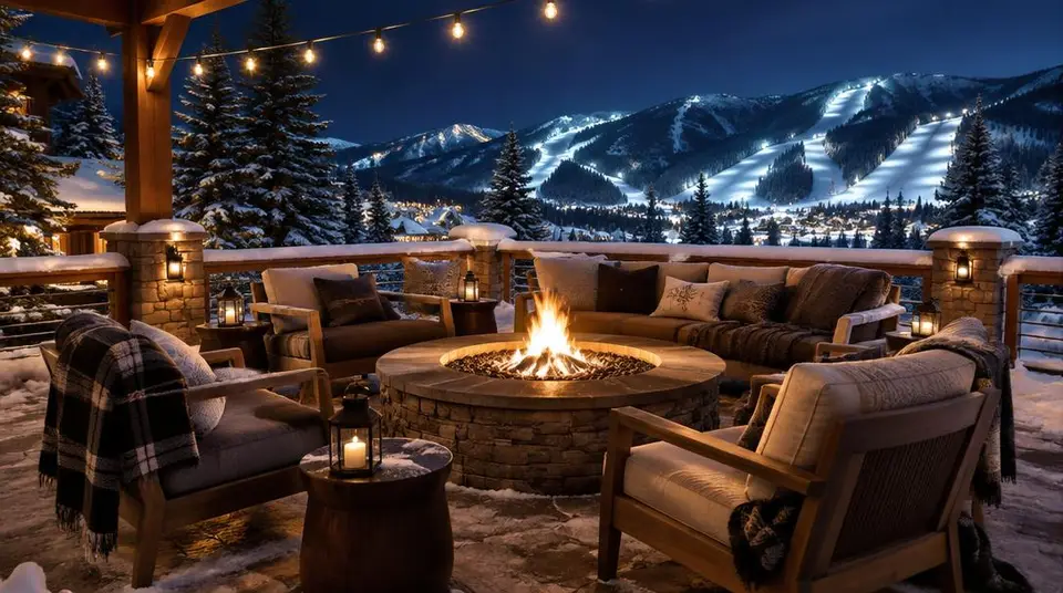 Soirée au coin du feu sur une terrasse de station, la nuit