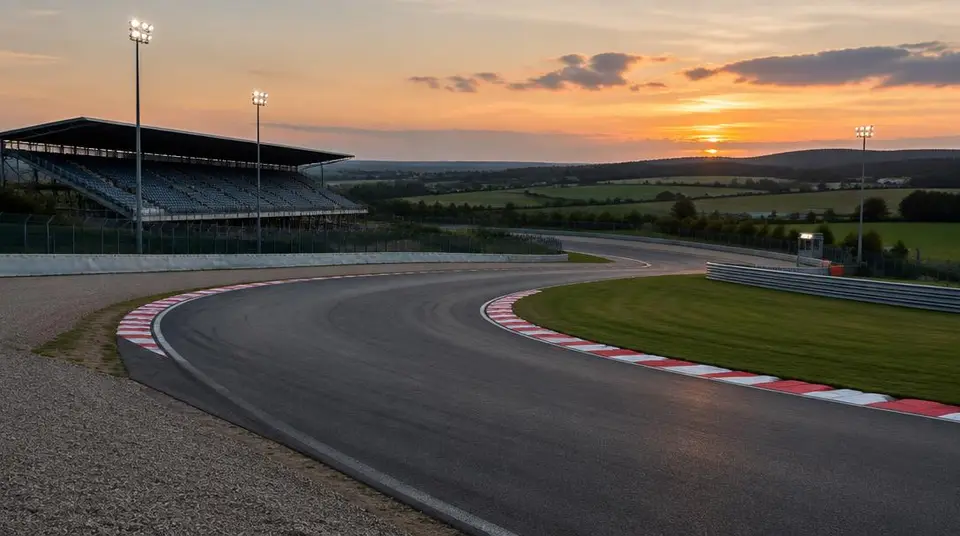 Circuit automobile au crépuscule, tribunes vides dans la campagne
