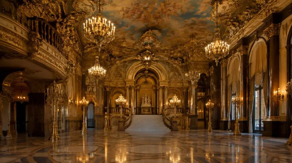 Foyer d'opéra doré à Paris, lumière du soir