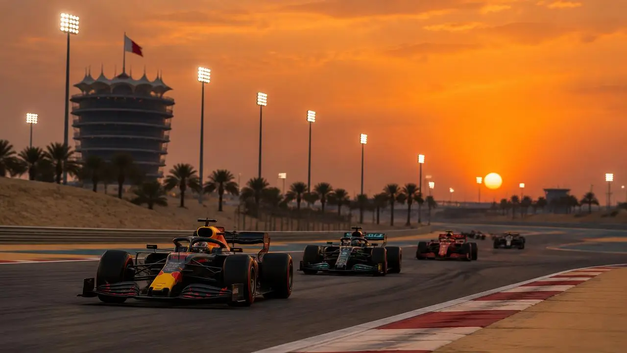 Monoplaces au coucher du soleil sur le circuit de Sakhir