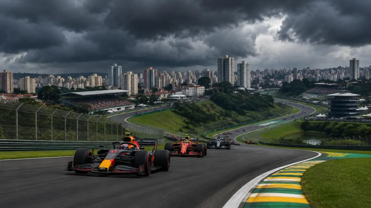 Interlagos sous un ciel d'orage, São Paulo en fond