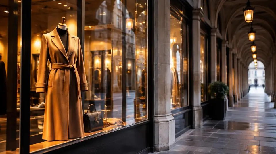 Vitrine de mode sous les arcades d'une rue parisienne