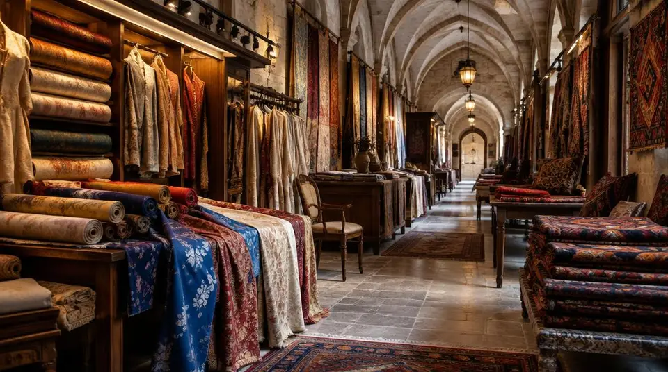 Atelier de tissus et tapis dans un passage couvert