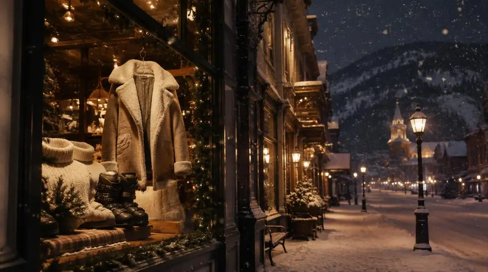 Vitrine de mode d'hiver dans une rue enneigée d'Aspen