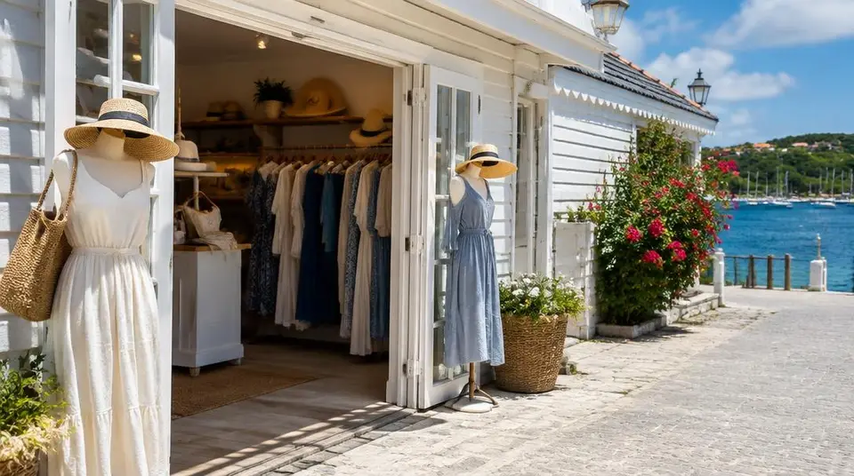 Boutique de mode estivale dans une ruelle de Gustavia