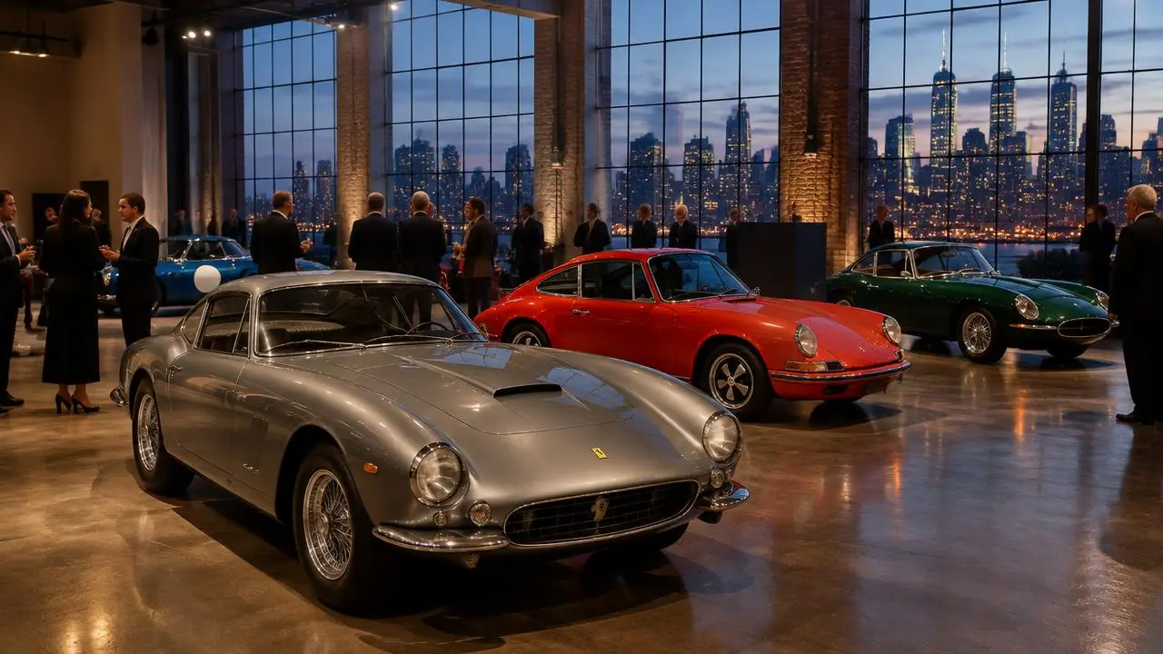 Voitures de sport classiques dans un loft face à Manhattan