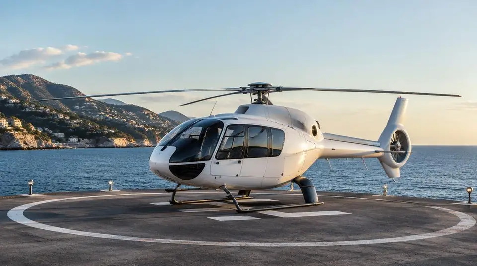 Hélicoptère sur une hélistation face à la mer, Côte d'Azur