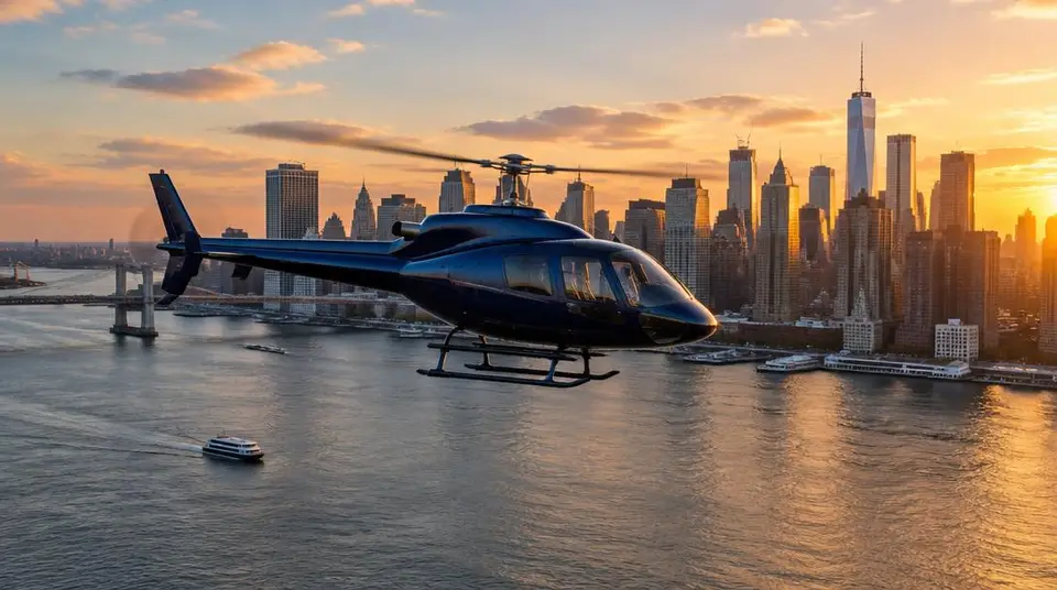 Hélicoptère au-dessus de l'East River, gratte-ciel de Manhattan