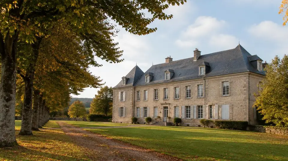 Demeure de pierre en Bourgogne, parc et allée de tilleuls