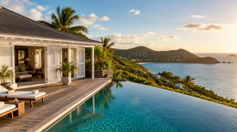 Villa aux volets blancs surplombant une baie de Saint-Barth