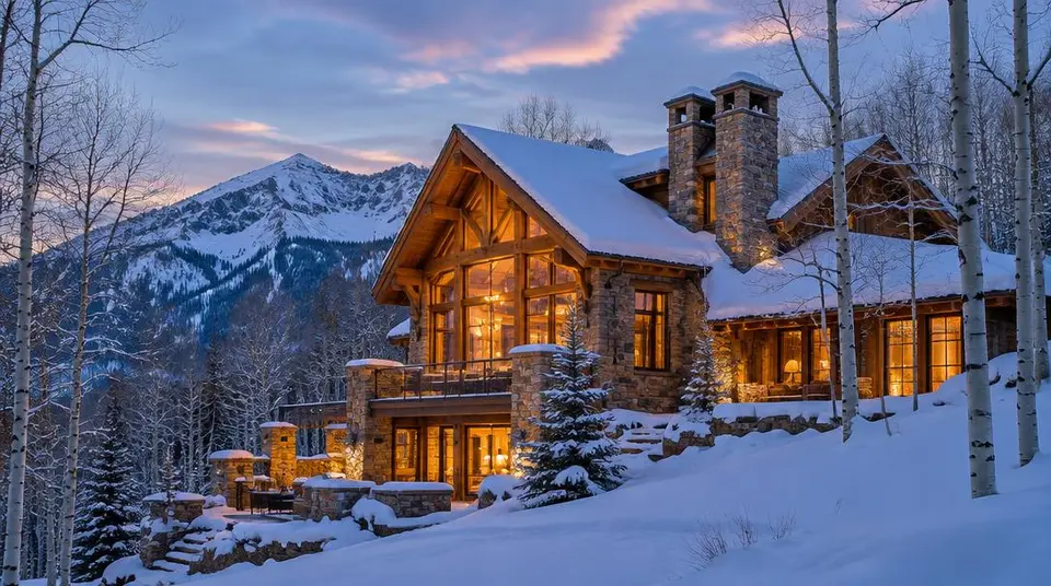 Chalet en bois éclairé sous la neige, Aspen